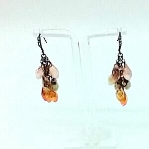 Cluster Earrings Peach Smoky Teardrop Glass Beads Ear Wires w/Rhinestones Brass